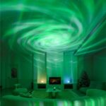 Stunning green aurora borealis light projection illuminating a modern living room with cozy furniture and a Christmas tree, creating a magical atmosphere indoors.