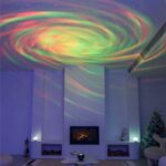 Stunning ceiling projection of colorful aurora borealis patterns illuminating a modern living room.