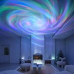 Vivid light display projected onto a modern living room ceiling, creating a mesmerizing swirling pattern of colors. Perfect for science-themed decor and educational entertainment.