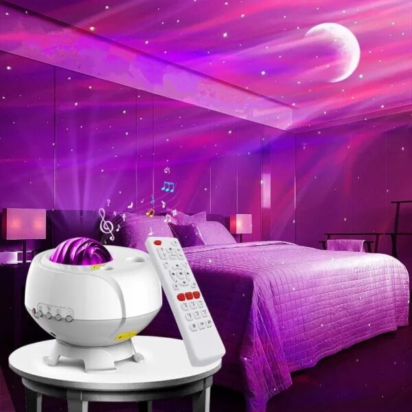 Night sky projector displaying stars and moon with music notes, remote control included, creating a relaxing celestial ambiance in the bedroom.