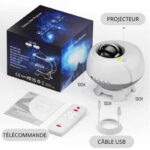 Galaxy Star Projector with remote control and USB cable, creates starry sky effects for educational decor and science gadgets enthusiasts.