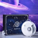 Space-themed star projector with planet illustration, astronaut figurine, and starry night background, ideal for educational and decorative use.