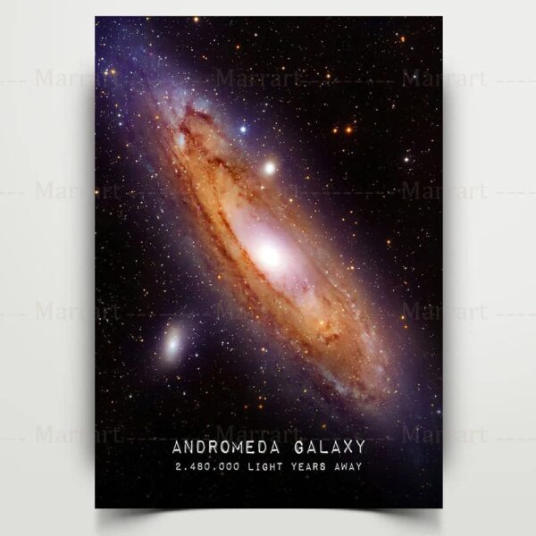 Stunning image of the Andromeda Galaxy showcasing its spiral arms and bright core, perfect for science enthusiasts and educational displays.