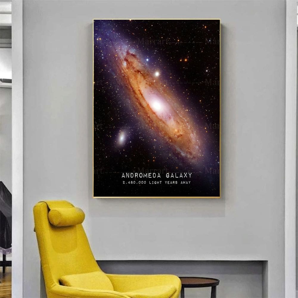 Galaxy poster featuring the Andromeda Galaxy, showcasing vibrant colors and detailed imagery of the universe. Perfect for science enthusiasts and educational settings.