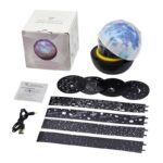 Portable galaxy projection lamp with star and moon patterns, includes multiple stencils and USB power cable, perfect for educational decor and space-themed room decoration.
