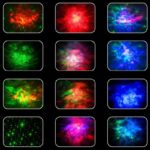 An LED projector displaying colorful cosmic and nebula-like light patterns.