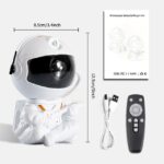 Compact astronaut-themed nebula projector with remote control, USB cable, and instruction manual, ideal for space-themed decor and educational activities.