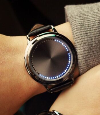 LED digital smartwatch with customizable display and touch controls.