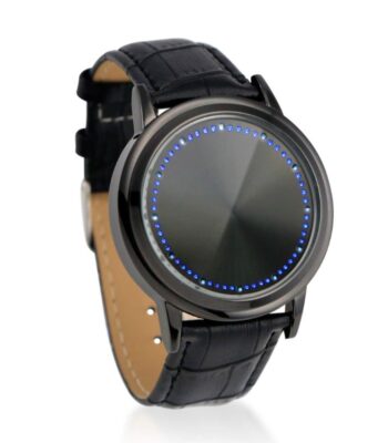 Modern smartwatch with a circular LED display and black leather strap, ideal for tech enthusiasts and fashion-forward users.