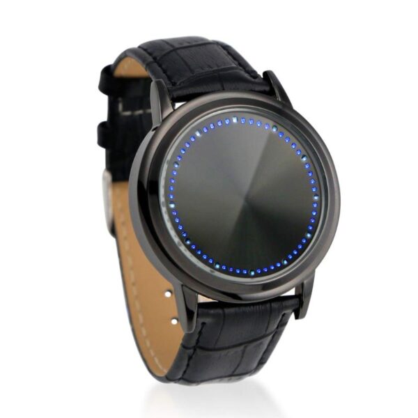 Modern smartwatch with a circular LED display and black leather strap, ideal for tech enthusiasts and fashion-forward users.