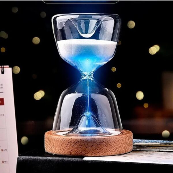 Sand timer with blue liquid in glass, featuring a wooden base, used for measuring time in science experiments and educational activities.