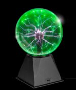 Illuminated plasma globe displaying colorful lightning-like electrical discharges inside a glass sphere on a black base. Perfect for science decor and educational demonstrations.