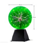 Illuminated plasma globe with electric filaments inside a green glass sphere, 15 cm in diameter, mounted on a black base, ideal for science decor and educational displays.