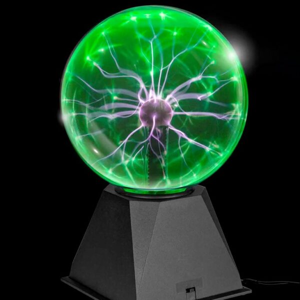 Illuminated plasma globe displaying colorful lightning-like electrical discharges inside a glass sphere on a black base. Perfect for science decor and educational demonstrations.