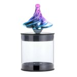 Colorful swirling glass sculpture on a clear display stand.