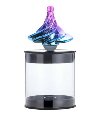 Colorful swirling glass sculpture on a clear display stand.