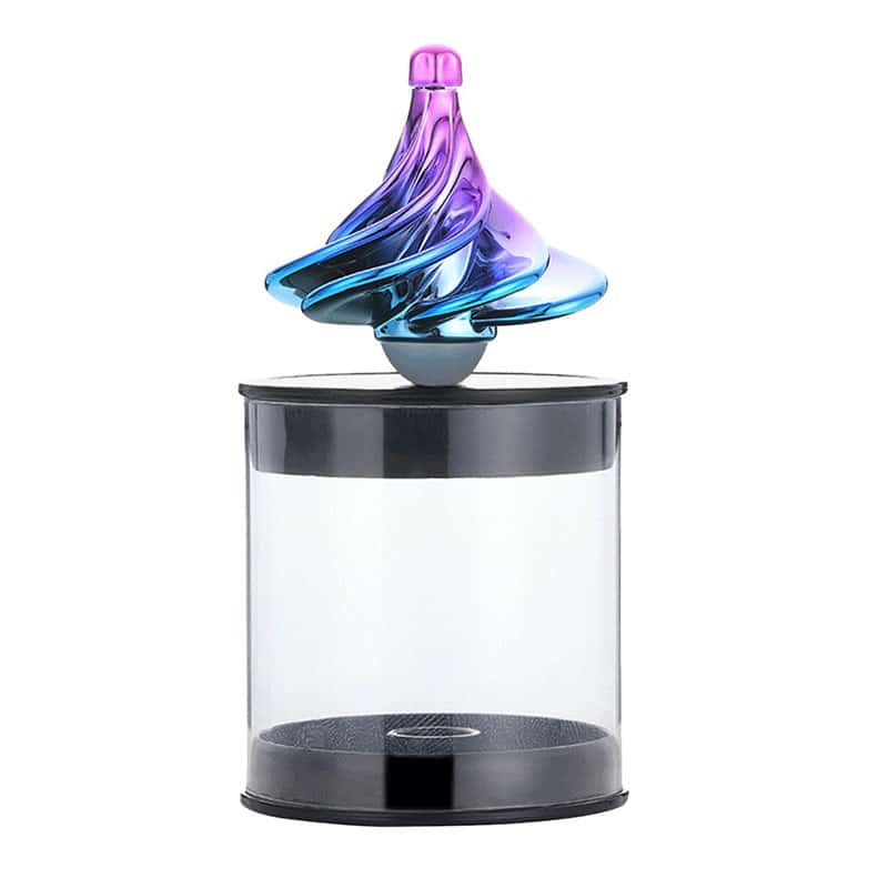 Colorful swirling glass sculpture on a clear display stand.