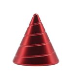 Red metallic conical spiral toy, a fun science gadget for kids and educational demonstrations.