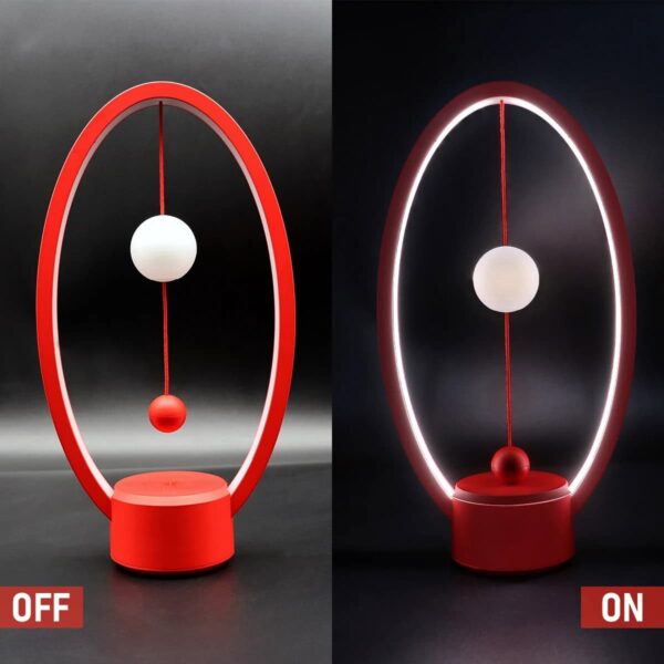 Modern magnetic pendulum lamp with adjustable ON/OFF switch, featuring a sleek red and white design, ideal for science decor and educational displays.