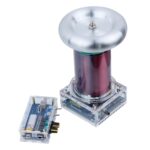 A magnetic levitation device with a metallic disc suspended above a magnetic base, used for educational science demonstrations.