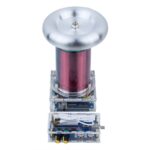 Small Tesla coil science kit with transparent base and metallic components, ideal for educational experiments and science demonstrations.