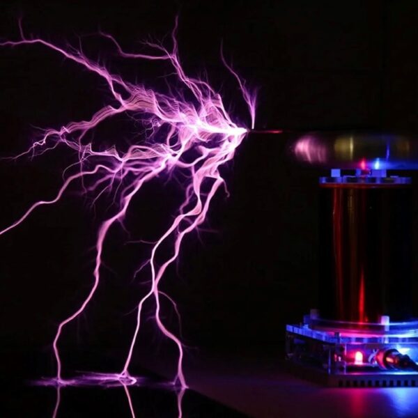 Close-up of a Tesla coil producing vivid purple lightning bolts in a dark environment, showcasing electrical science in action.