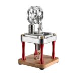 Small desktop magnetic Stirling engine model demonstrating thermodynamic principles with metal and wooden components.