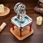 Small desktop Stirling engine model demonstrating thermodynamics principles with metal components and wooden base, ideal for science classrooms and educational displays.