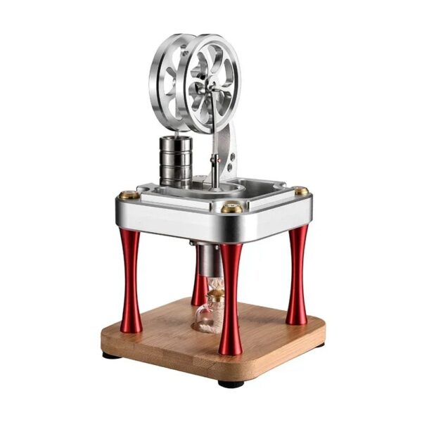 Small desktop magnetic Stirling engine model demonstrating thermodynamic principles with metal and wooden components.