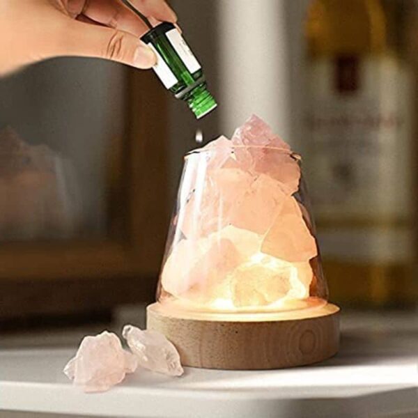 Pink Himalayan salt lamp with a dropper, showcasing a calming and decorative piece for home or office.