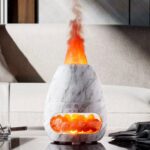 Air purifier with a smoke effect emitting orange and red smoke, designed with a marble finish, showcasing a modern and innovative look.