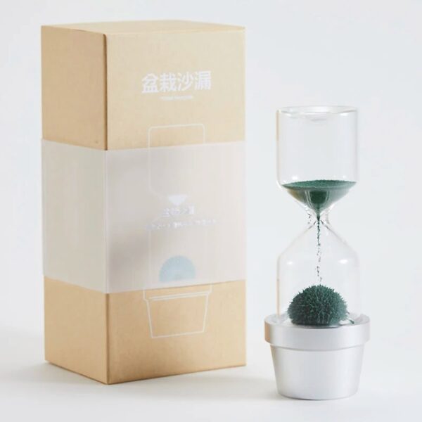 An innovative hourglass with a small potted plant inside, designed for educational purposes and decorative use. Perfect for science enthusiasts and classroom demonstrations.