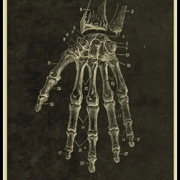 Detailed vintage illustration of hand and wrist bones, showcasing the skeletal structure with labeled parts for educational purposes.