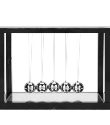 Classic Newton's Cradle with five shiny metal balls in a black frame, demonstrating momentum and energy transfer for educational and decorative purposes.