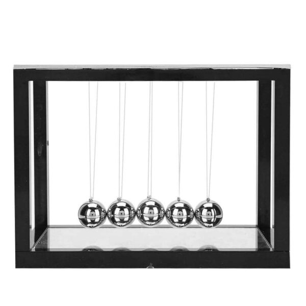 Classic Newton's Cradle with five shiny metal balls in a black frame, demonstrating momentum and energy transfer for educational and decorative purposes.