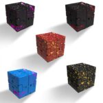 Colorful splatter design cube puzzle in black, red, blue, purple, and yellow, perfect for science decor and educational toys.