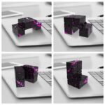 Black puzzle blocks with pink splatters arranged in various configurations on a laptop keyboard, showcasing a modern educational toy for science and creativity.