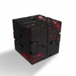 Unique black and red splatter design puzzle cube for science enthusiasts.