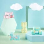 Colorful modular science puzzle toys with geometric shapes and pastel colors, suitable for educational play and science-themed decor.
