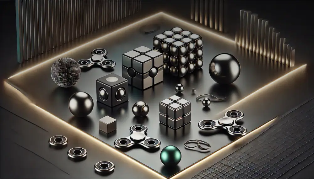 Collection of metallic fidget spinners, cubes, spheres, and geometric shapes on a modern illuminated display surface.