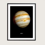 Framed poster of Jupiter showcasing its colorful cloud bands and Great Red Spot, ideal for science decor and educational spaces.