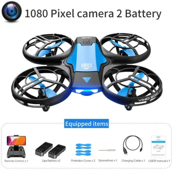 Compact quadcopter drone featuring a 1080 pixel camera, dual batteries, and LED lights for enhanced flying experience and aerial photography.