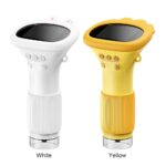 Handheld digital microscope in white and yellow, ideal for educational and scientific exploration, featuring a high-resolution screen and adjustable focus for detailed viewing.