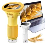 Handheld digital grain moisture meter used for testing moisture levels in wheat and other grains, featuring a yellow and white design with digital display.