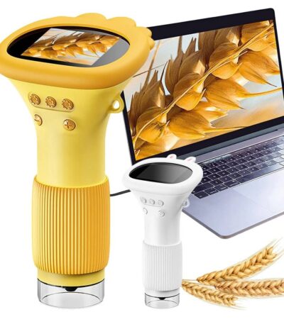 Handheld digital grain moisture meter used for testing moisture levels in wheat and other grains, featuring a yellow and white design with digital display.