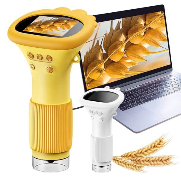 Handheld digital grain moisture meter used for testing moisture levels in wheat and other grains, featuring a yellow and white design with digital display.