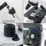 Close-up of a scientific microscope equipped with a mobile phone clip, top and bottom LED lights, and a filter wheel for educational and research purposes.