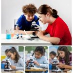 Children and teacher exploring science experiments using a microscope in a classroom setting. Engaging educational activity for kids to learn about science.