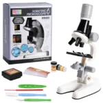 Children's microscope science kit with accessories, perfect for educational and science projects, includes slides, tools, and a detailed instruction manual.