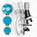 Close-up of a microscope showing different magnification levels (100x, 400x, 1200x) for educational science experiments and detailed biological observations.